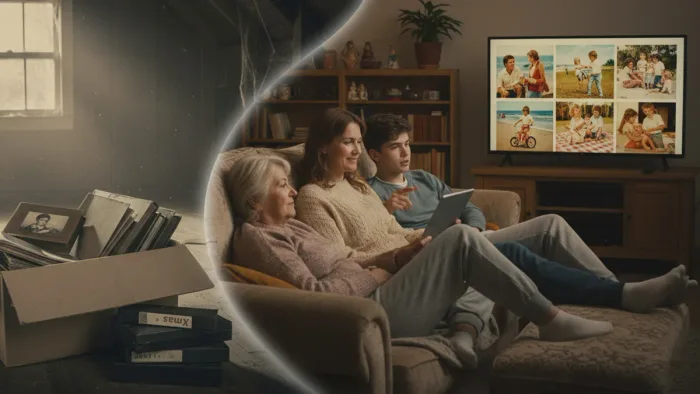 A dusty box of old VHS tapes, slides, and photos beside the same memories restored and playing on a TV